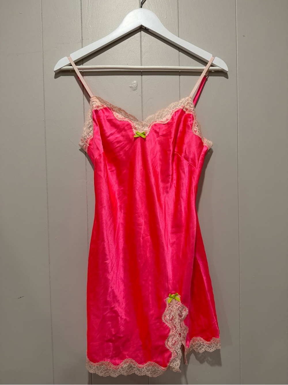 Victoria's Secret Hot Pink Satin Slip with Cream Lace